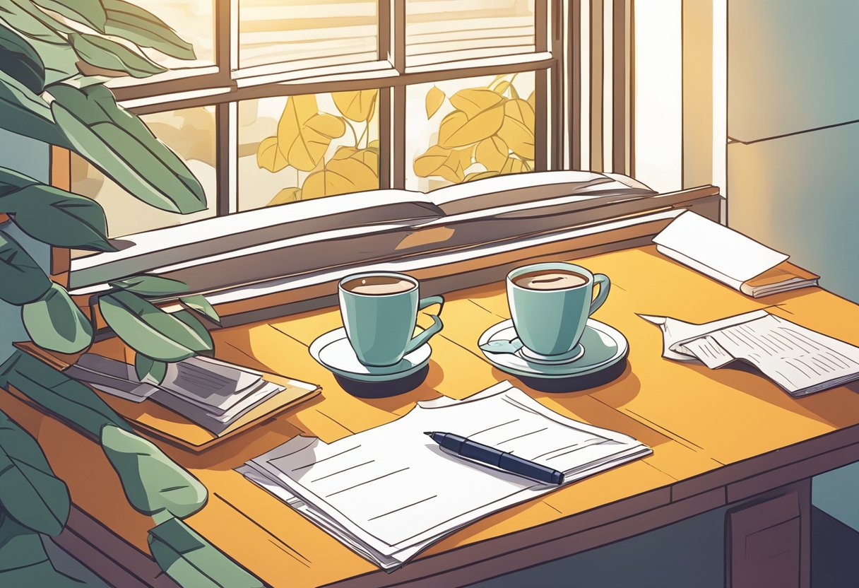 A table with a neatly arranged stack of papers, a pen, and a cup of coffee. A window with sunlight streaming in, casting a warm glow over the workspace
