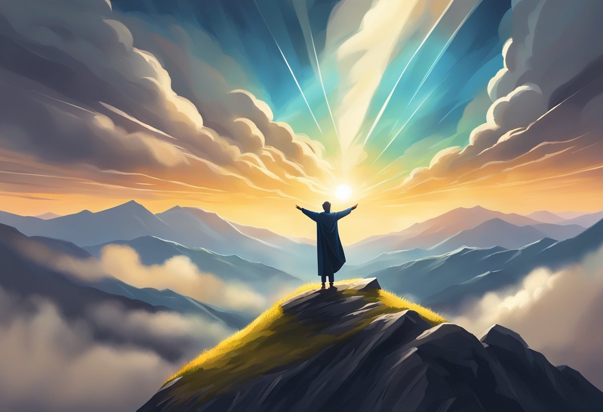 A lone figure stands on a mountaintop, arms outstretched towards the sky, surrounded by swirling winds and rays of light breaking through dark clouds