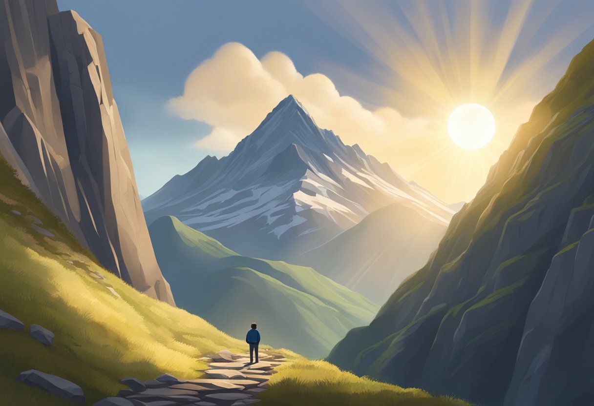 A person stands at the base of a towering mountain, gazing up at the steep, rocky path ahead. The sun breaks through the clouds, casting a hopeful light on the challenging journey ahead