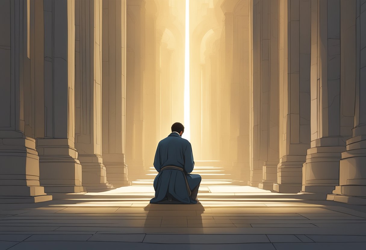 A figure kneels in a serene, sunlit space, head bowed in prayer. Surrounding obstacles are depicted as dark, looming barriers, while a radiant light breaks through, symbolizing the breakthrough of prayer