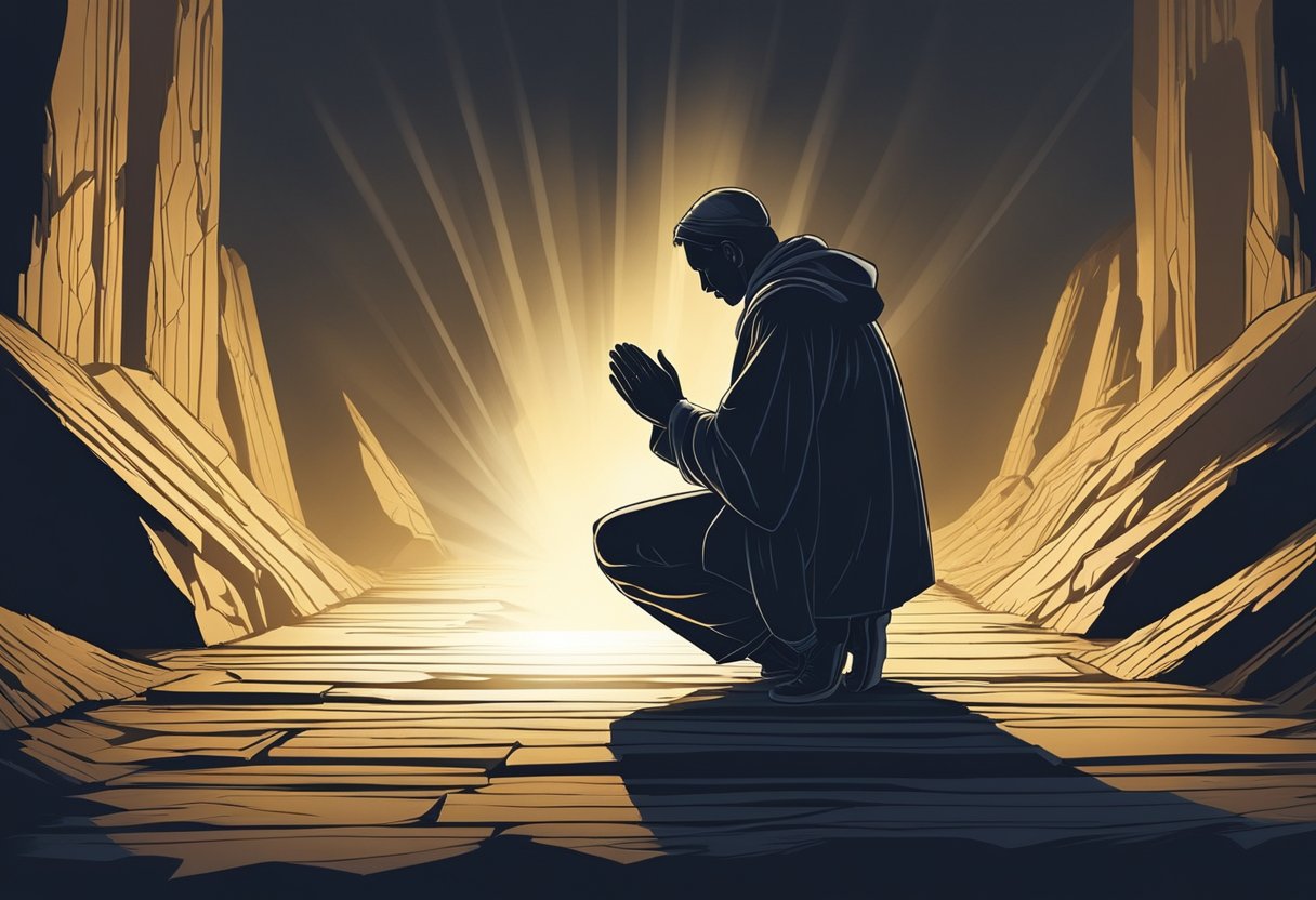 A figure kneels in prayer, surrounded by obstacles. A beam of light breaks through the darkness, symbolizing breakthrough
