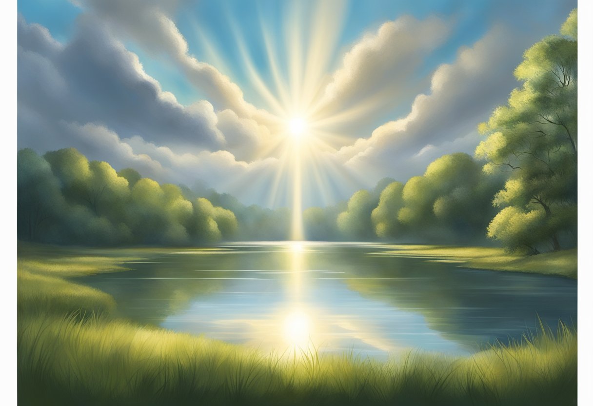A serene landscape with a clear, still body of water reflecting the surrounding trees and sky. A beam of light breaks through the clouds, symbolizing hope and breakthrough