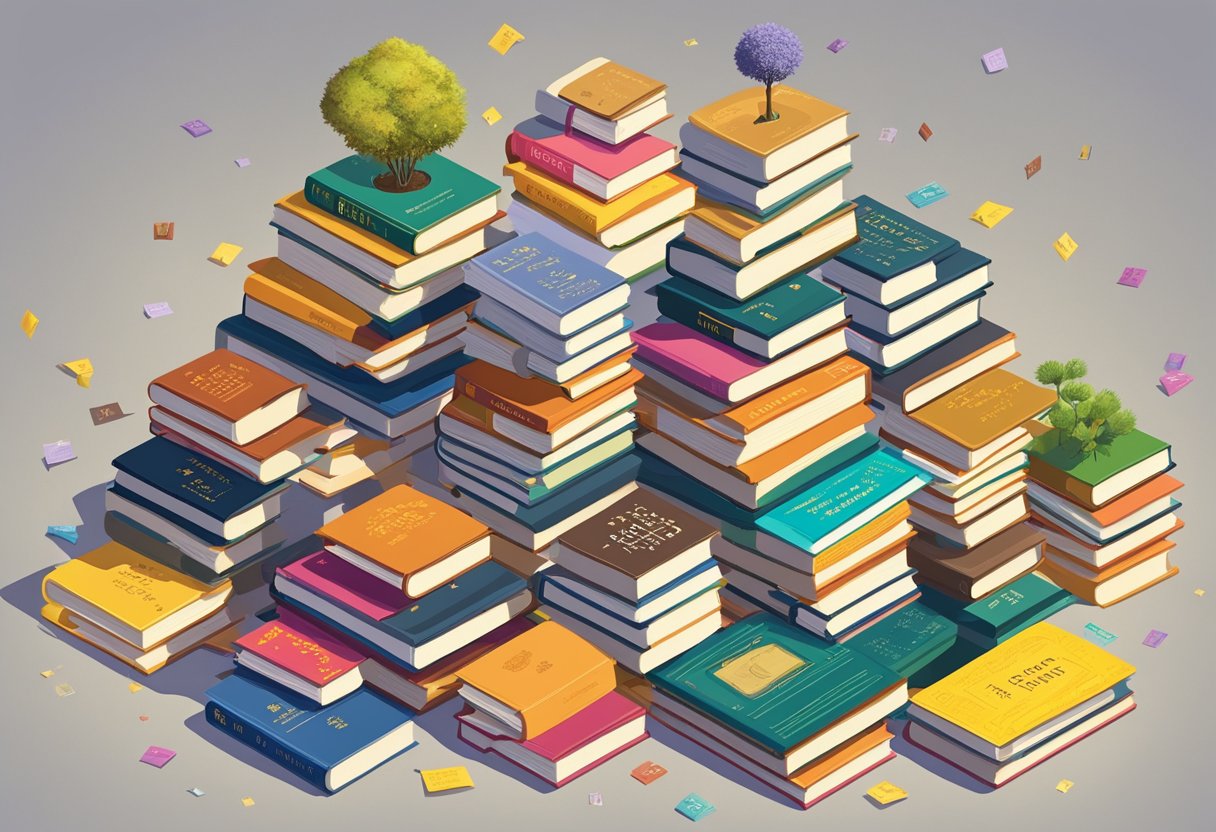 A stack of 25 books with titles like "The Little Prince" and "The Catcher in the Rye" surrounded by a scattering of colorful bookmarks and a small potted plant
