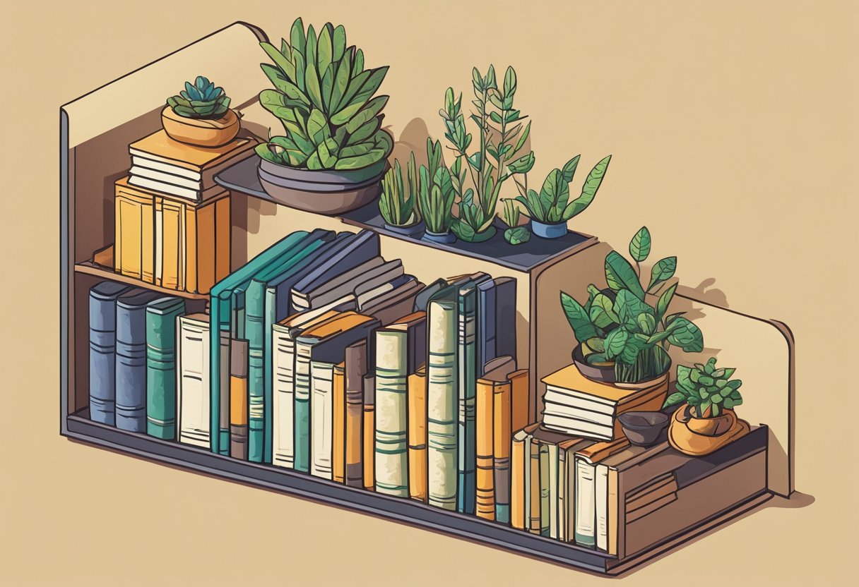 A shelf filled with books of various sizes and colors, each representing a different stage of growth. A potted plant sits nearby, symbolizing the continual process of maturation