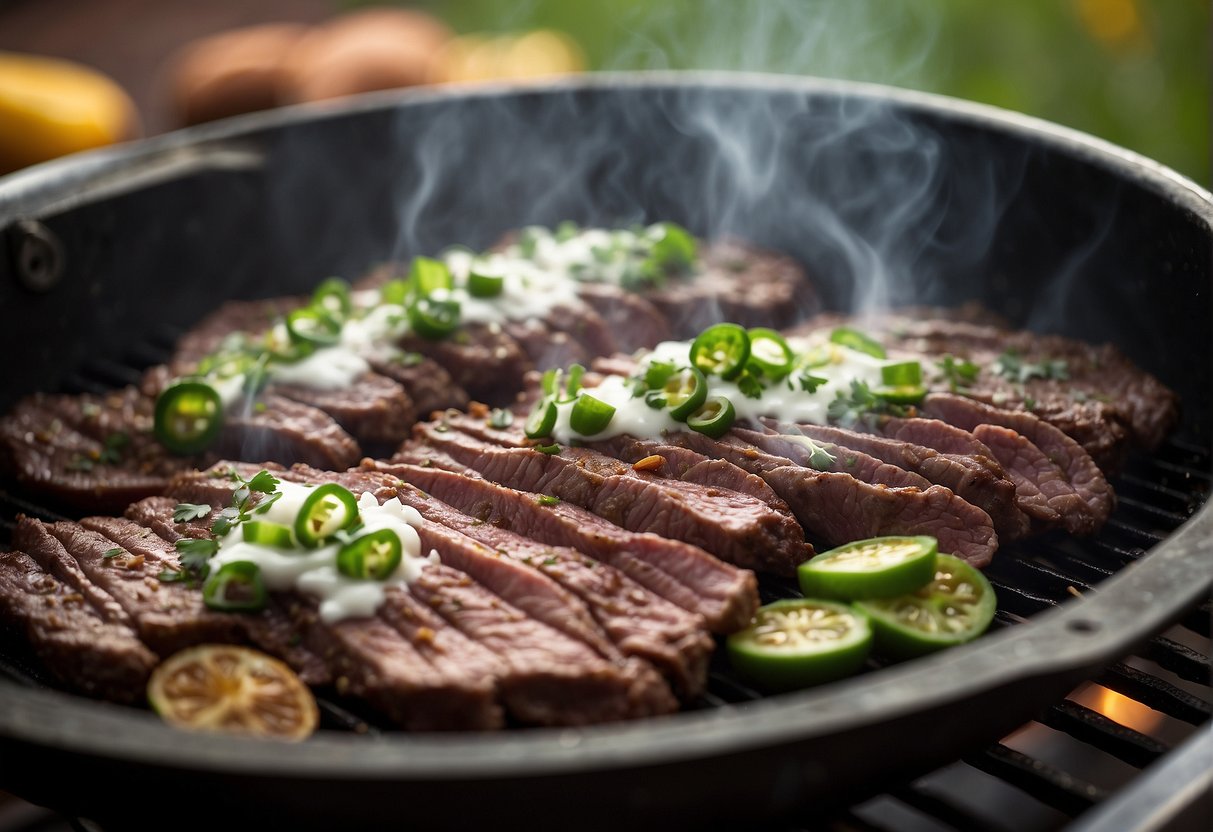 Freshly seasoned carne asada sizzling on a hot grill, ready to be served