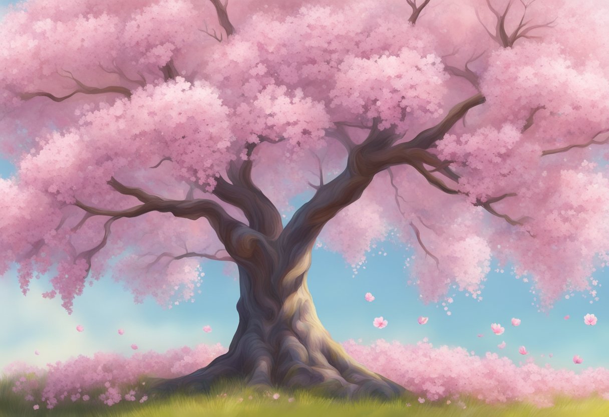 A blooming cherry tree stands tall, its delicate pink blossoms bursting forth, symbolizing the renewal and vitality of life in spring