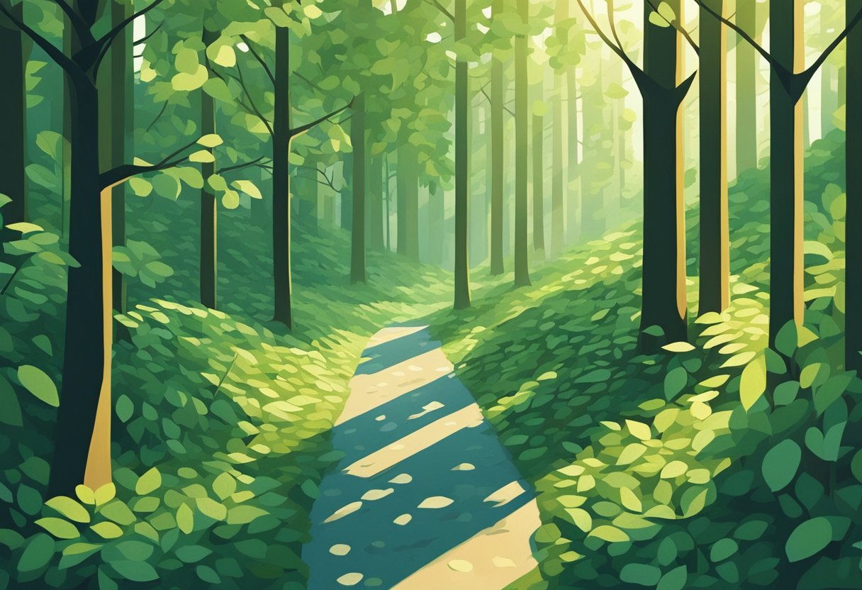 A serene forest with sunlight filtering through the leaves, casting dappled shadows on the ground. The air is still, and the only sound is the gentle rustling of leaves in the breeze