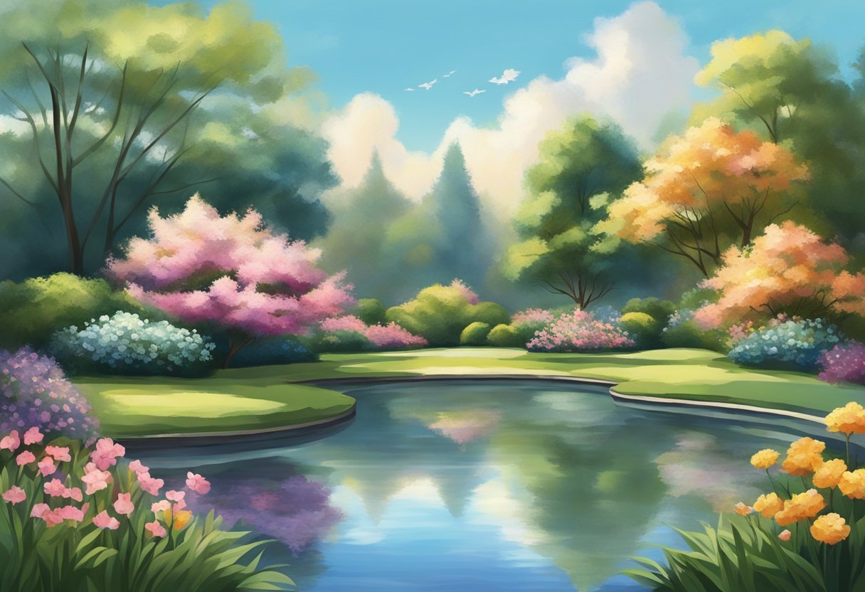 A serene garden with blooming flowers and a tranquil pond, reflecting the sky and surrounding trees, evoking a sense of personal and psychological introspection