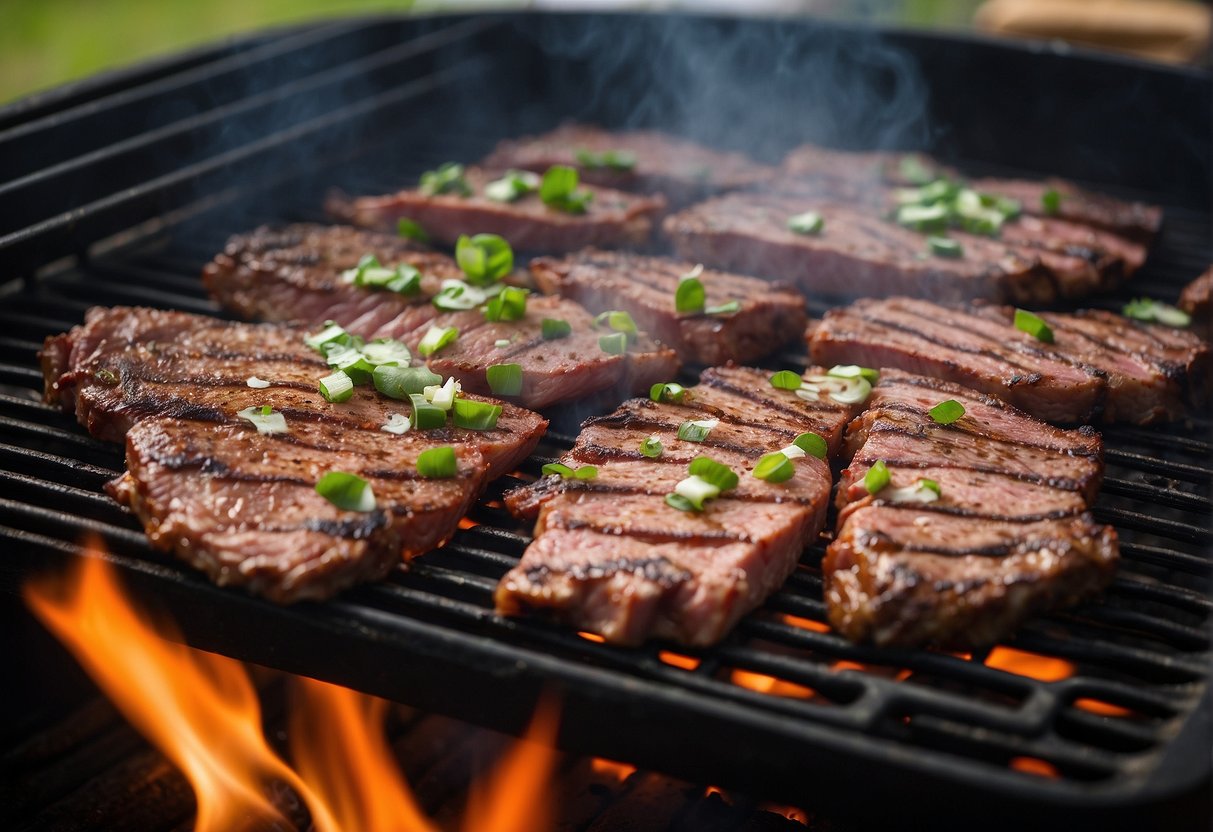 Searing carne asada on a hot grill, flipping once, until charred and medium-rare. Serve 6-8 ounces per person