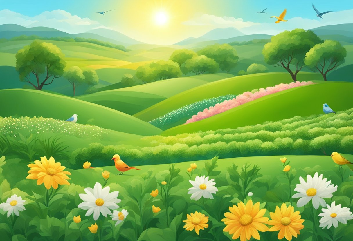 Lush green fields under a bright sun, with flowers blooming and birds flying. Trees and plants thrive in harmony, symbolizing agricultural and ecological abundance