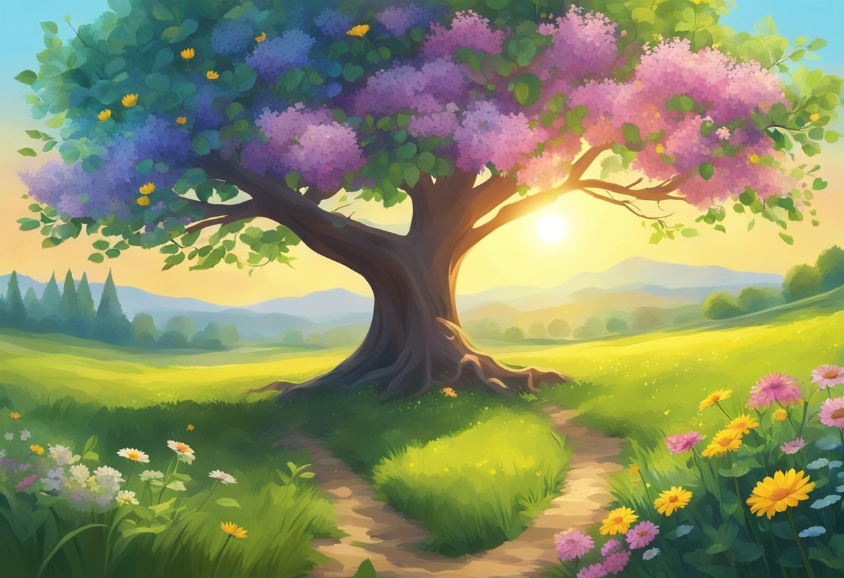 A radiant sun shines over a blooming meadow, where colorful flowers sway in the gentle breeze. A majestic tree stands tall, its branches adorned with vibrant green leaves