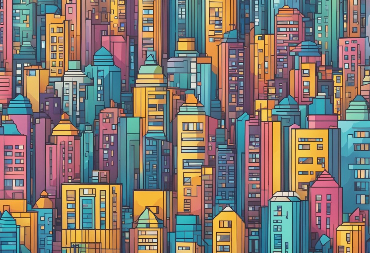 A modern city skyline with vibrant colors and intertwining lines, representing the interconnectedness of contemporary society