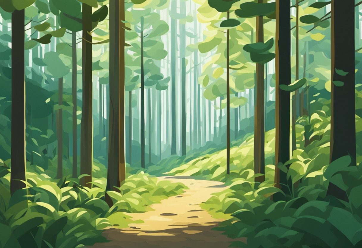 A tranquil forest clearing, with sunlight filtering through the trees, casting gentle shadows on the ground. A serene atmosphere, with no sound but the rustling of leaves in the breeze
