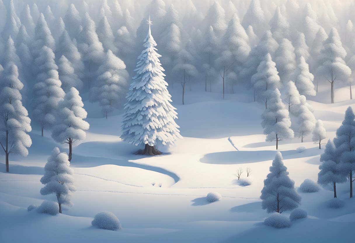 A serene forest clearing, with a single tree standing tall in the center, surrounded by a blanket of untouched snow. The silence is palpable, as the stillness of the scene is captured in the soft light filtering through the branches