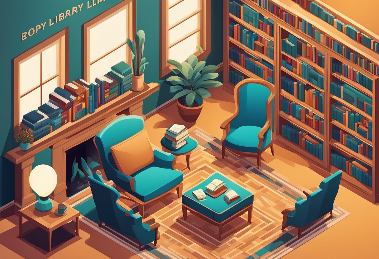 A cozy library with books stacked high, a flickering fireplace, and a comfortable armchair in the center, surrounded by quotes on the walls