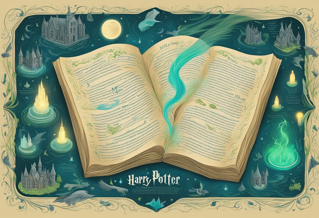 Harry Potter quotes displayed on a magical parchment, surrounded by swirling wisps of enchanting blue and green light