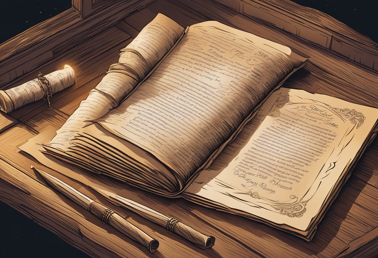 A stack of parchment with Harry Potter quotes lies on a wooden table, surrounded by quills and ink. Rays of light filter through a nearby window, casting shadows on the quotes