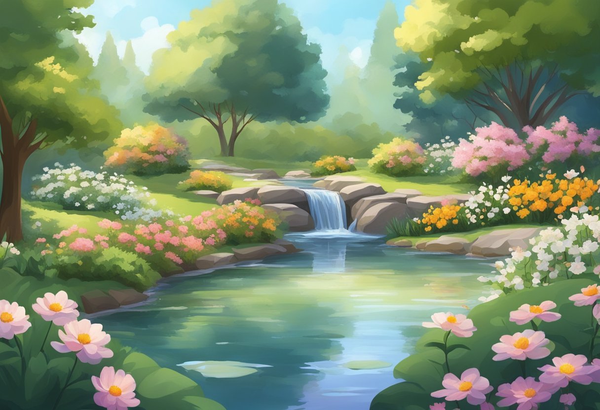 A serene garden with blooming flowers and a gentle stream, surrounded by peaceful trees and soft sunlight