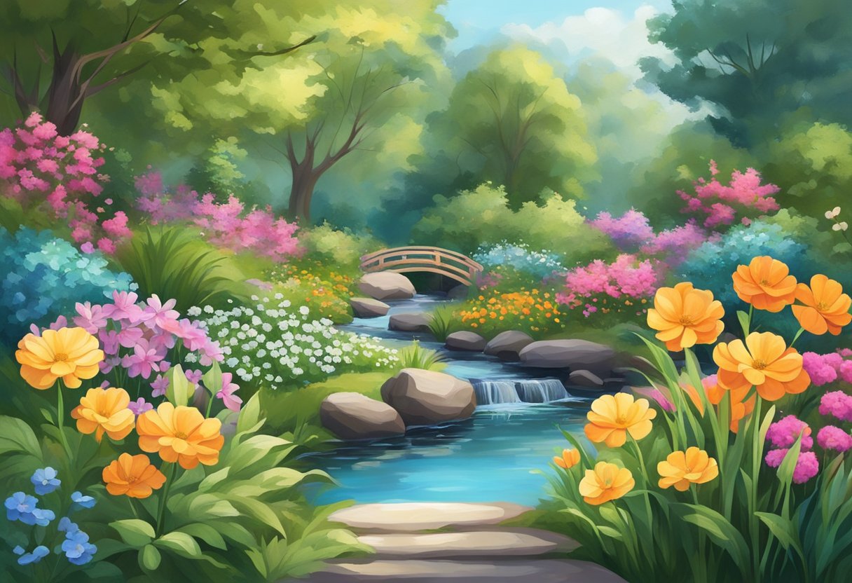 A serene garden with vibrant flowers and a gentle stream, surrounded by peaceful, comforting energy