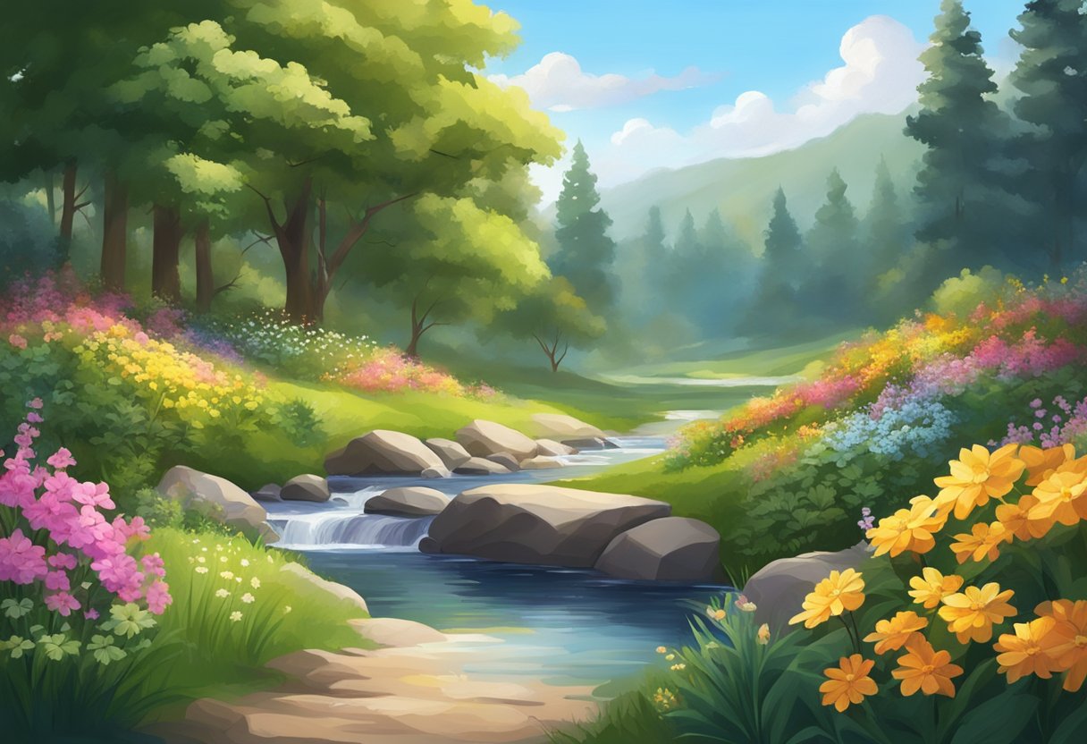 A serene landscape with a tranquil stream, surrounded by lush greenery and colorful flowers, with a beam of light shining down from the sky