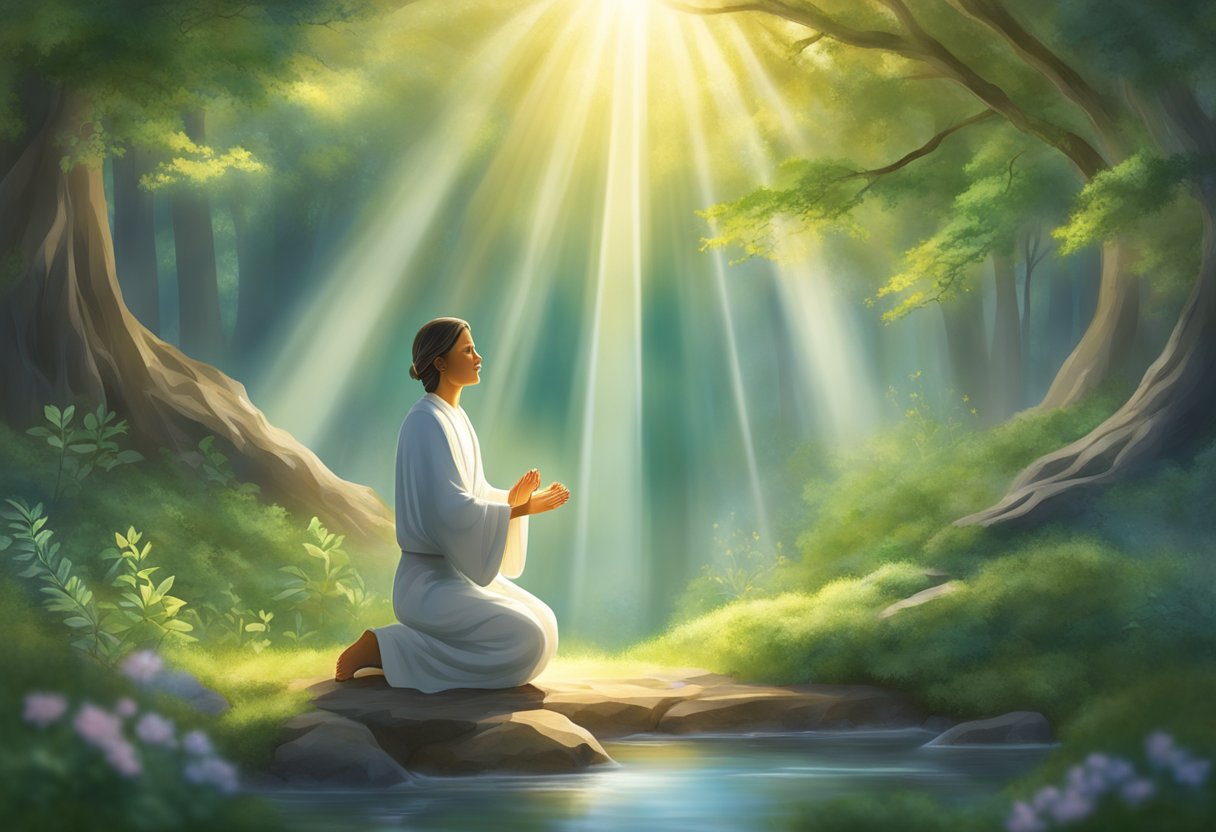 A serene figure surrounded by nature, with rays of light shining down, symbolizing the integration of prayer with other healing modalities for emotional restoration