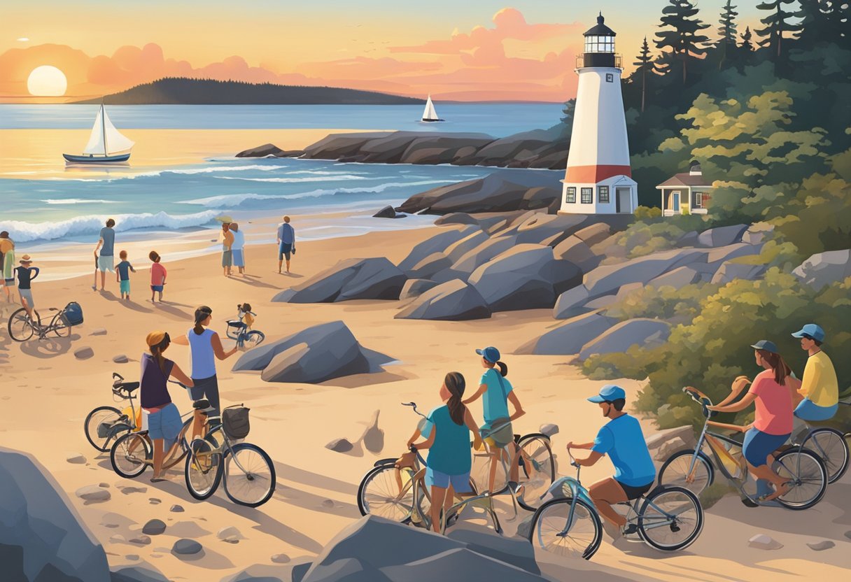 The sun sets over the rocky shoreline, casting a warm glow on the lighthouse. Bicycles and kayaks line the beach, while families gather around a bonfire