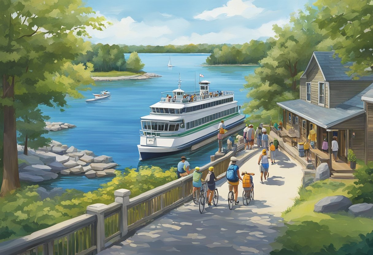 A ferry approaches Kelleys Island dock, with visitors strolling along the shore. Bikes, kayaks, and golf carts are available for rent. The island's iconic glacial grooves and scenic nature trails await exploration