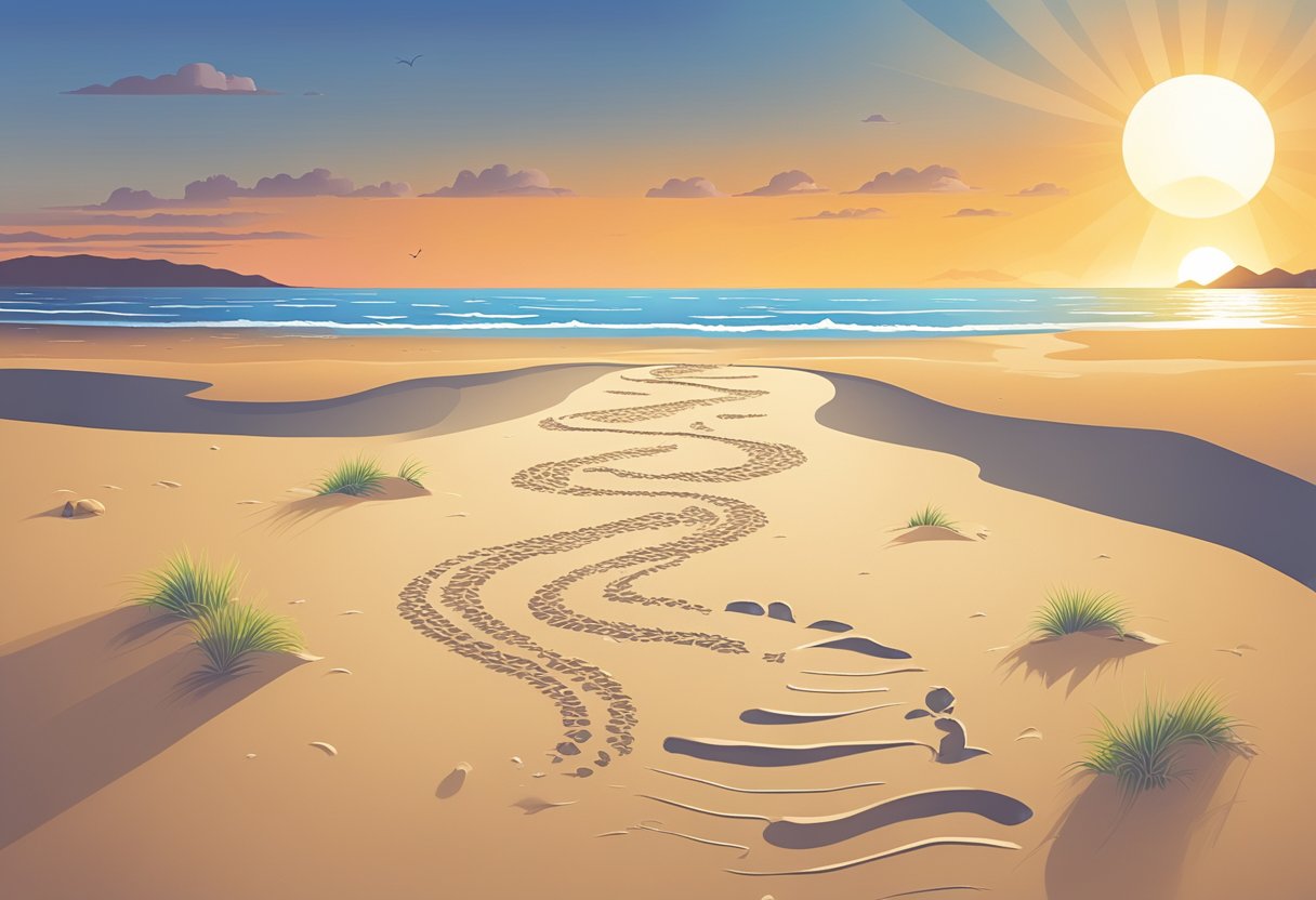 A sun setting over a tranquil beach, with footprints leading towards the horizon and a quote written in the sand