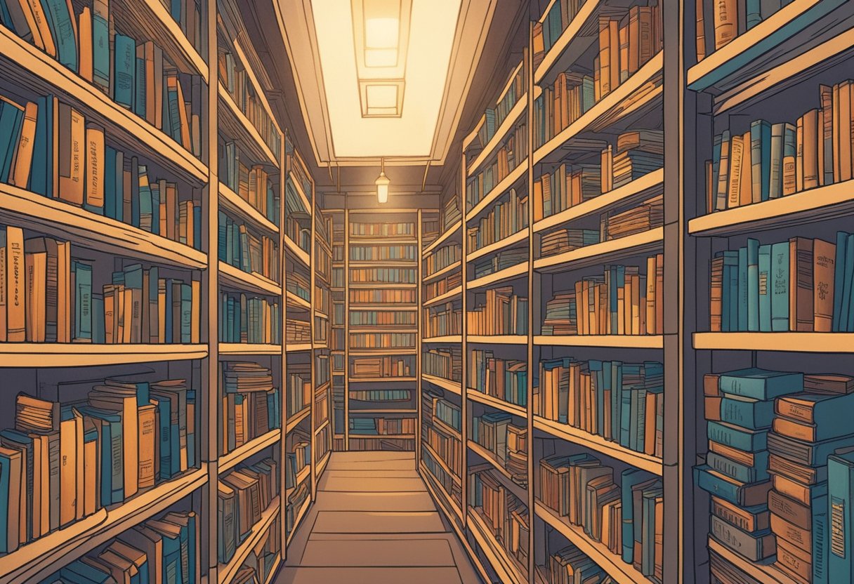 The room is filled with books, their spines lined up neatly on the shelves. A single quote is highlighted on a page, casting a soft glow in the dimly lit space