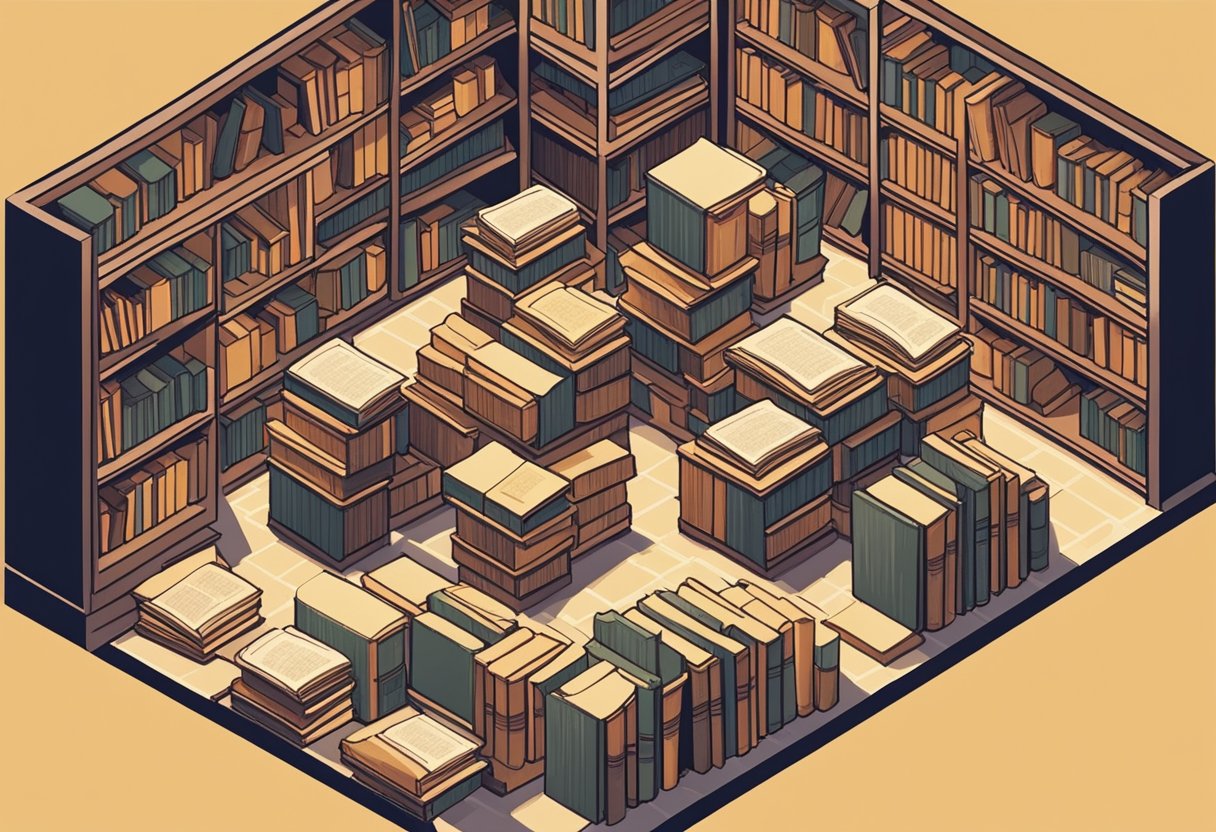 Books stacked in a disorderly fashion, spines facing outwards, some open with pages splayed, others closed and collecting dust. A dimly lit room with a cozy reading nook in the corner