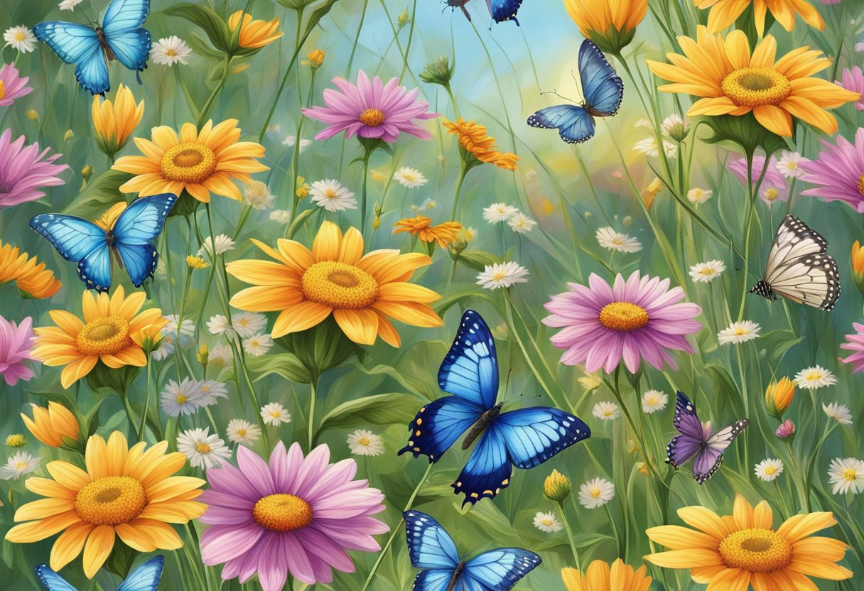 Butterflies flutter around a field of colorful wildflowers, their delicate wings shimmering in the sunlight as they gracefully move from bloom to bloom