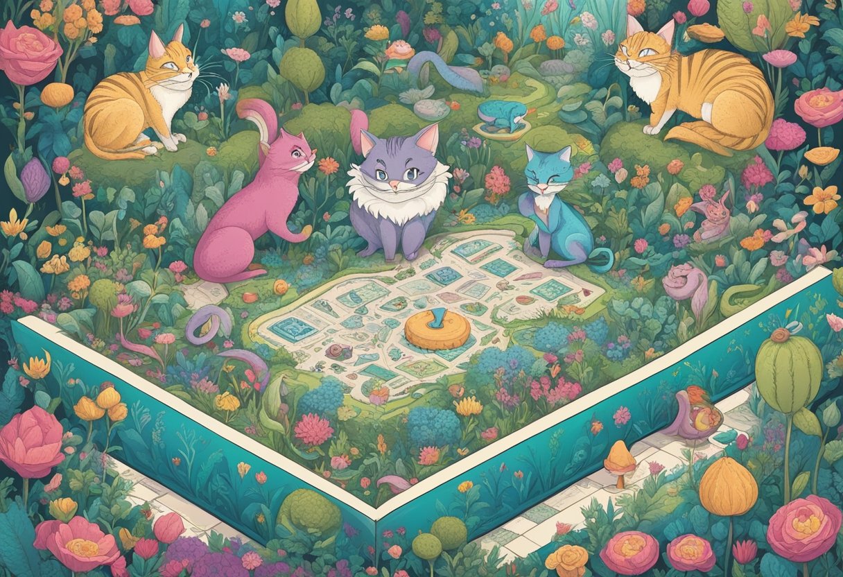 Alice recites quotes from Wonderland, surrounded by whimsical creatures and vibrant flora, with the Cheshire Cat grinning mischievously in the background