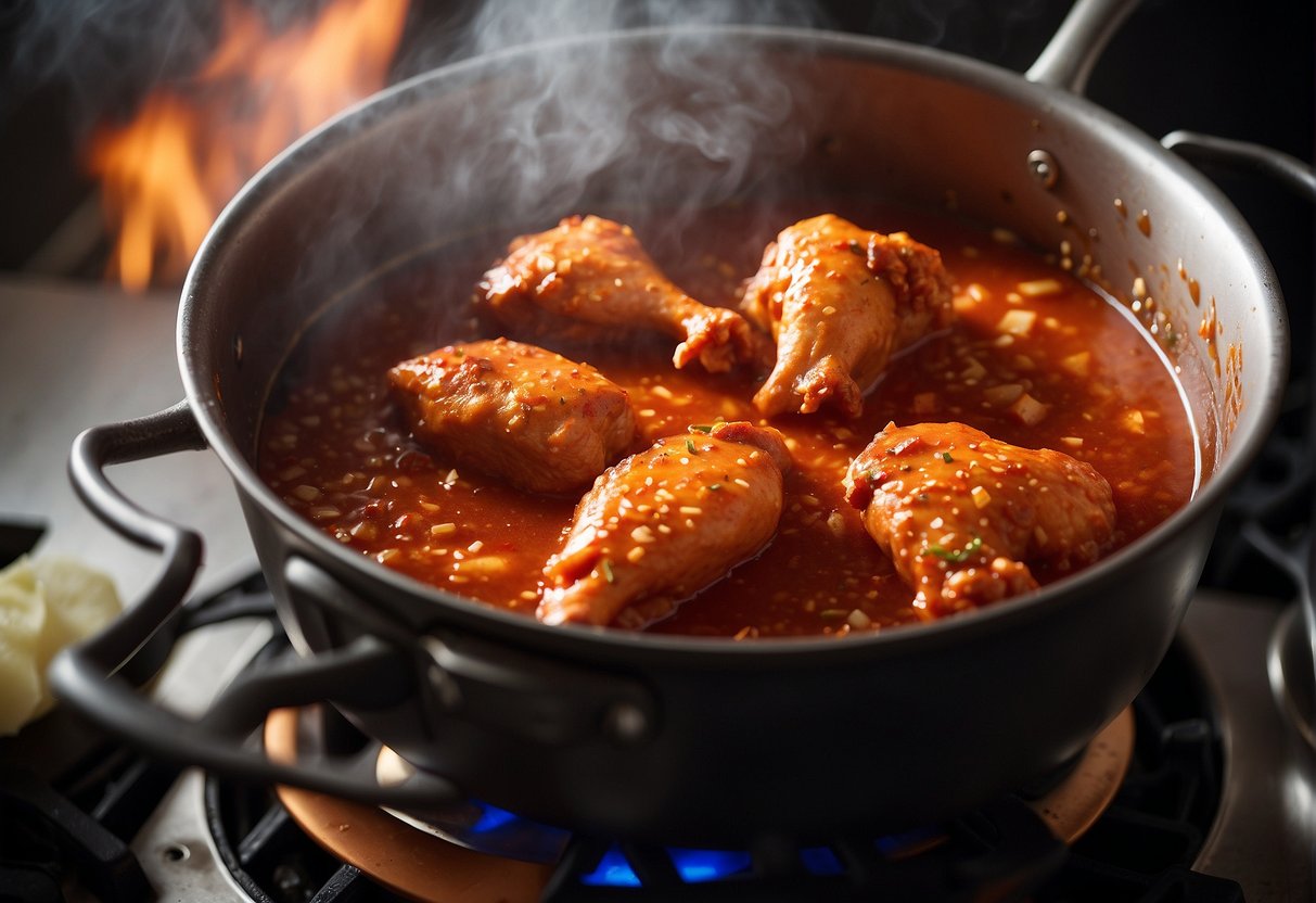 A pot simmers on the stove, filled with a bubbling red hot chicken sauce. Steam rises as the ingredients meld together, creating a tantalizing aroma