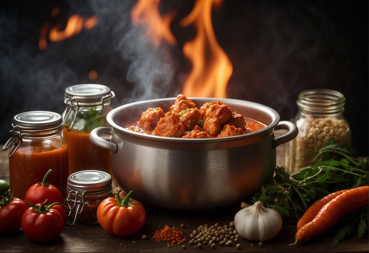 A bubbling pot of hot chicken sauce simmers over a crackling fire, surrounded by jars of vibrant spices and fresh herbs. A handwritten recipe card sits nearby, detailing the history and origin of the iconic sauce