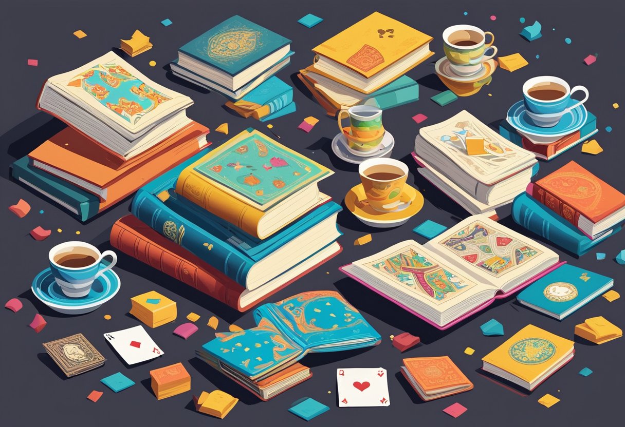 A pile of open books with whimsical illustrations and colorful pages, surrounded by teacups and playing cards scattered on the ground