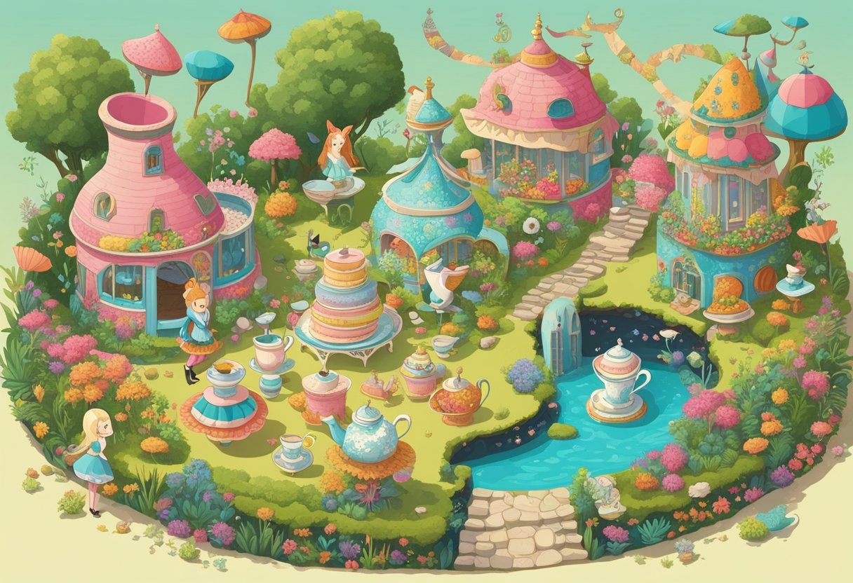 A whimsical tea party set in a colorful, fantastical garden with talking animals and eccentric characters from the classic "Alice in Wonderland" quotes