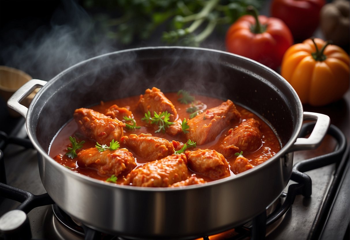 A pot simmers on a stovetop, filled with a vibrant red hot chicken sauce. Steam rises as the ingredients meld together, creating a tantalizing aroma