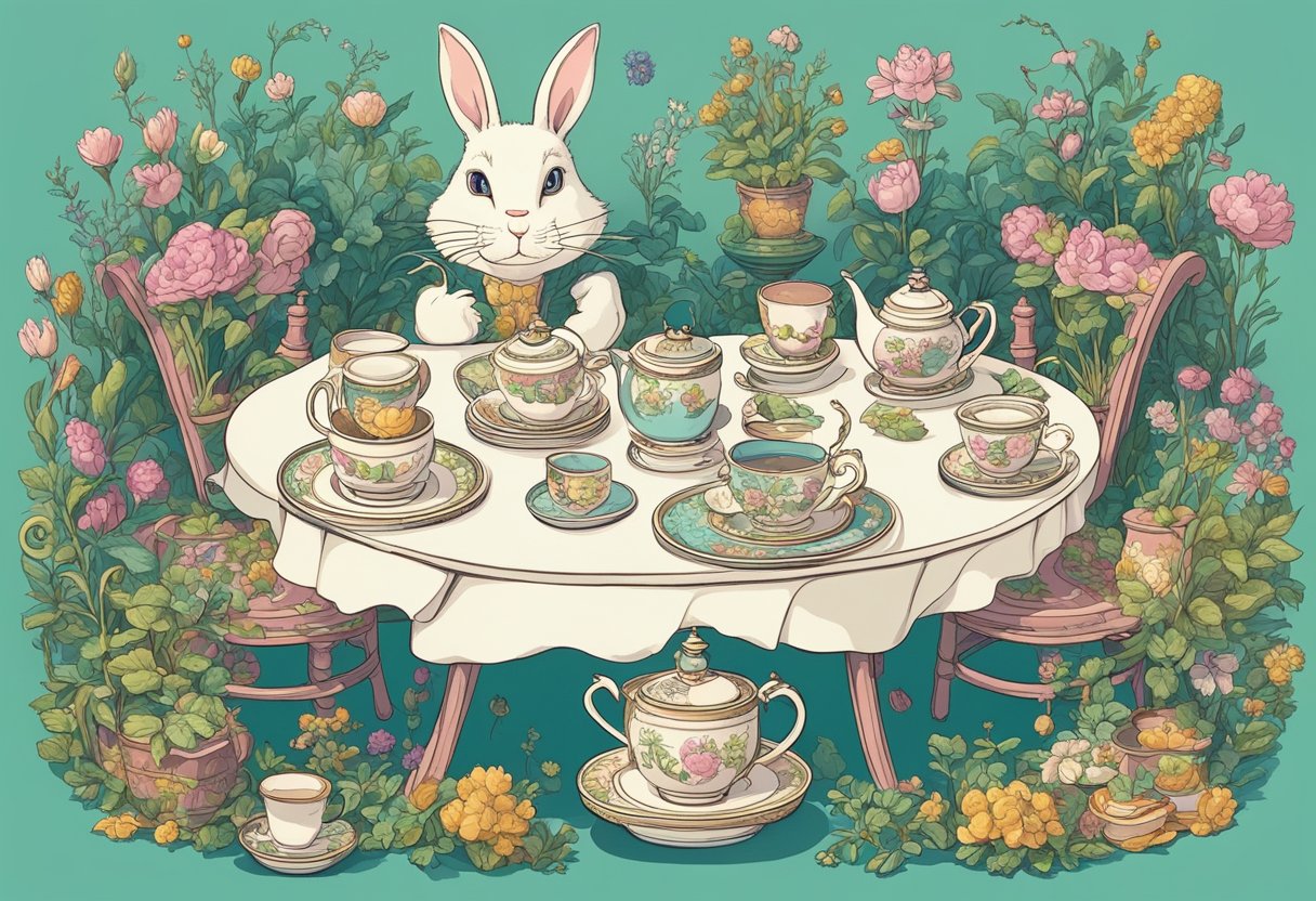 A table set with tea cups, a rabbit with a pocket watch, a grinning Cheshire cat, and a curious girl in a whimsical garden