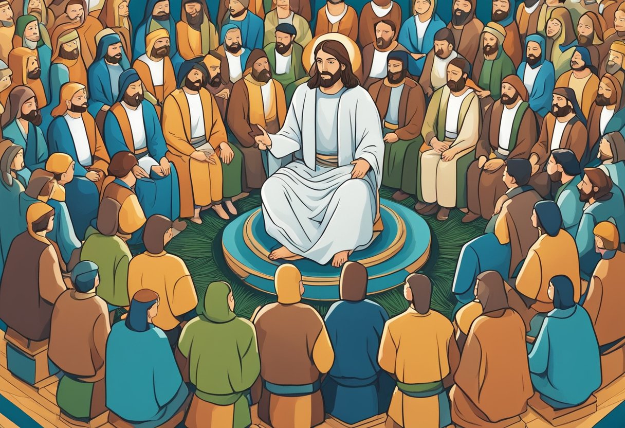 Jesus speaks, surrounded by attentive listeners. His words are powerful and full of wisdom, drawing in those who are eager to hear his teachings
