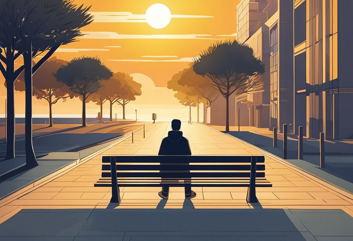 A solitary figure sits on a bench, surrounded by empty space. The sun sets in the distance, casting long shadows and creating a sense of isolation