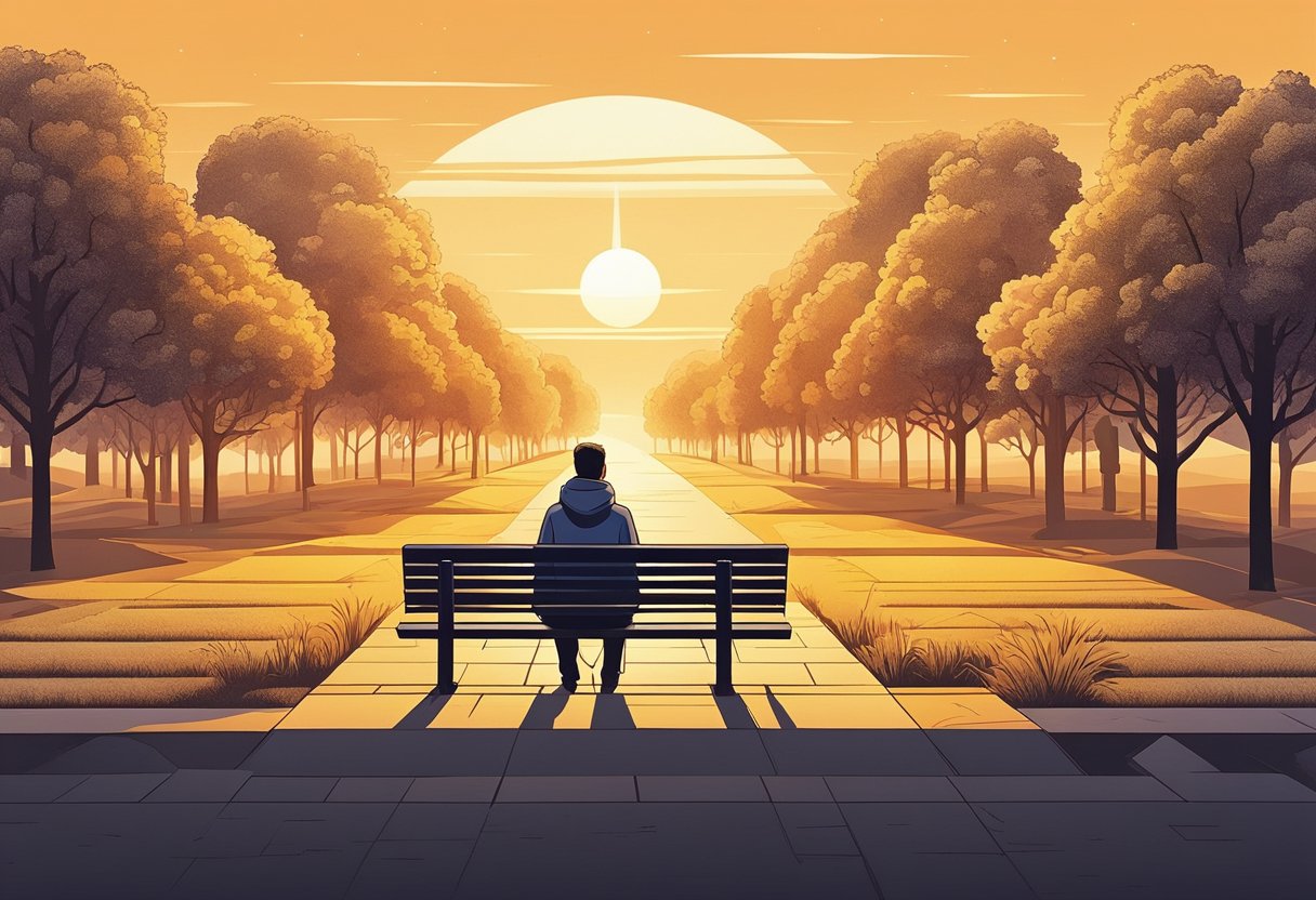 A solitary figure sits on a park bench, surrounded by empty space. The sun sets in the distance, casting a warm glow on the figure, highlighting their isolation