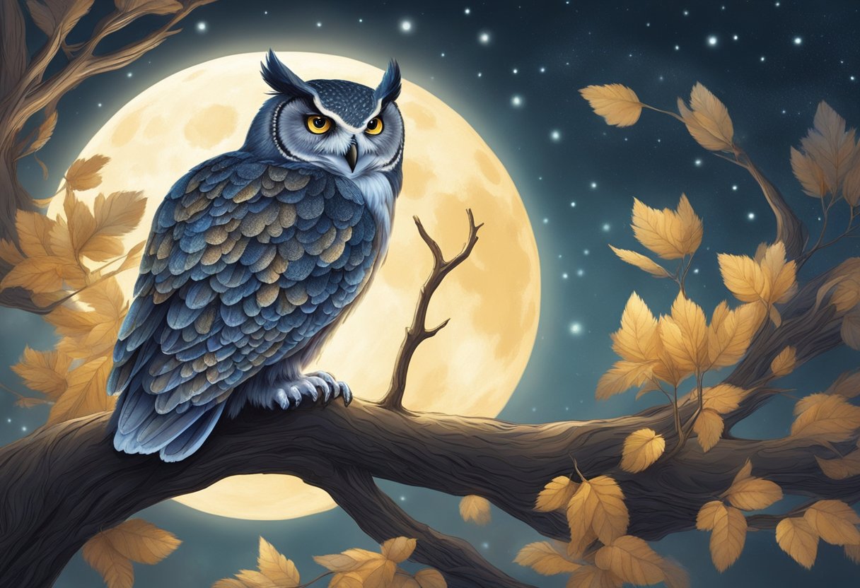 An owl goddess perched on a moonlit branch, her feathers shimmering with ethereal light, her wise eyes gazing into the night