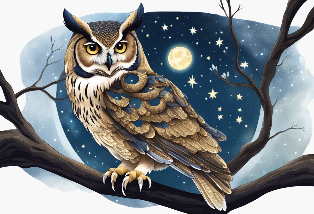 An owl goddess perched on a moonlit branch, surrounded by stars, with a wise and serene expression