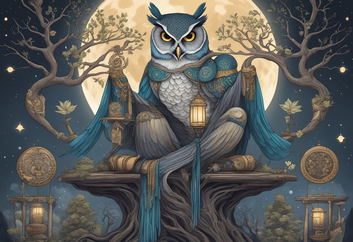 An owl goddess sits atop a moonlit tree, surrounded by ancient symbols and offerings from her worshippers