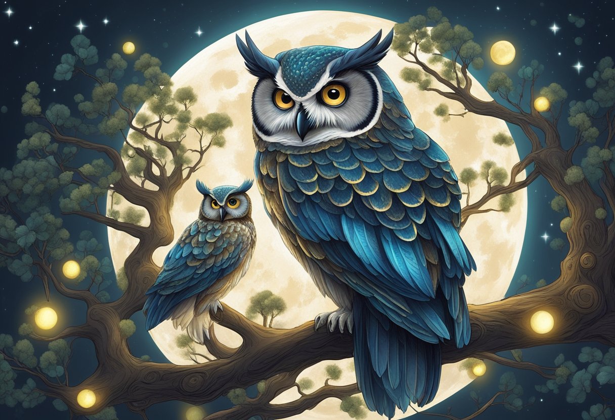 An owl goddess perched on a moonlit branch, surrounded by glowing orbs and mystical symbols
