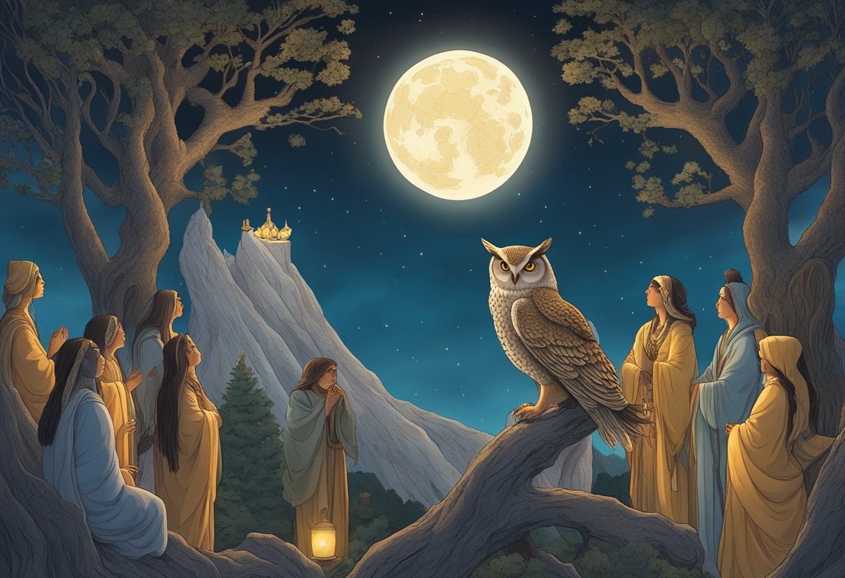 An owl goddess perched on a moonlit tree, surrounded by worshippers in a sacred ritual