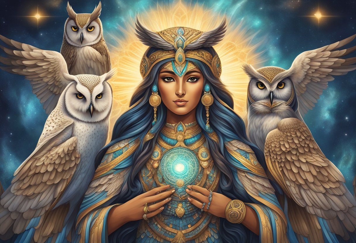 A majestic owl goddess surrounded by her divine family, radiating wisdom and grace