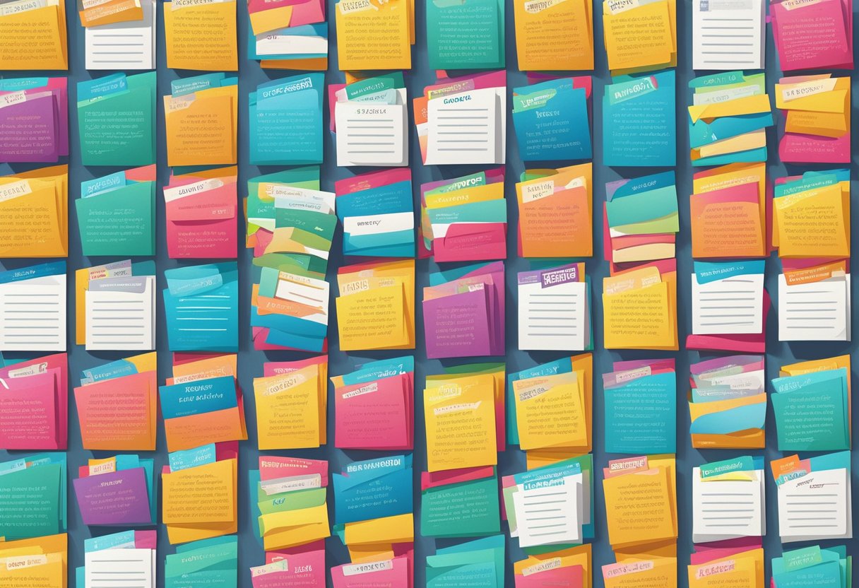 A bulletin board filled with colorful quote cards arranged in a grid pattern, each card displaying a motivational or inspiring team quote