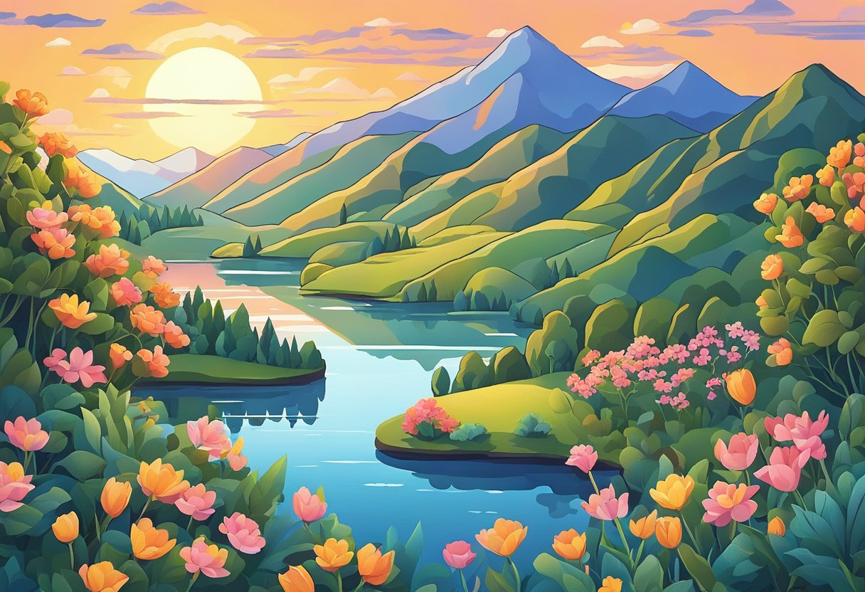 Sunset over a tranquil lake, with vibrant flowers and lush greenery. A gentle breeze rustles the leaves, as birds sing in the distance