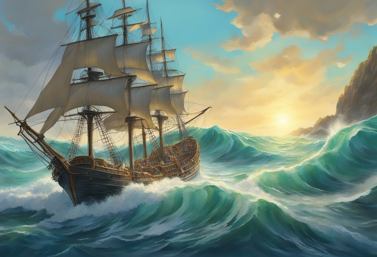 Pirates sail on a rugged ship, while mermaids swim gracefully alongside, their shimmering tails glinting in the sunlight. The ocean is turbulent, with waves crashing against the ship's hull